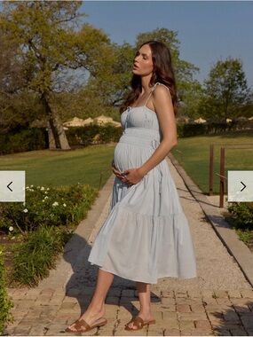 Maternity Shirred midi popplin dress in ice blue